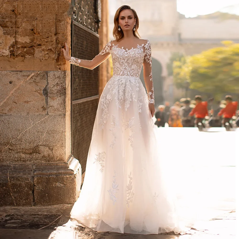 Abiti da sposa eleganti con applicazioni in pizzo svasato 2024 o-collo maniche lunghe abiti da sposa avorio a-line Tulle Sweep Train Party Robe