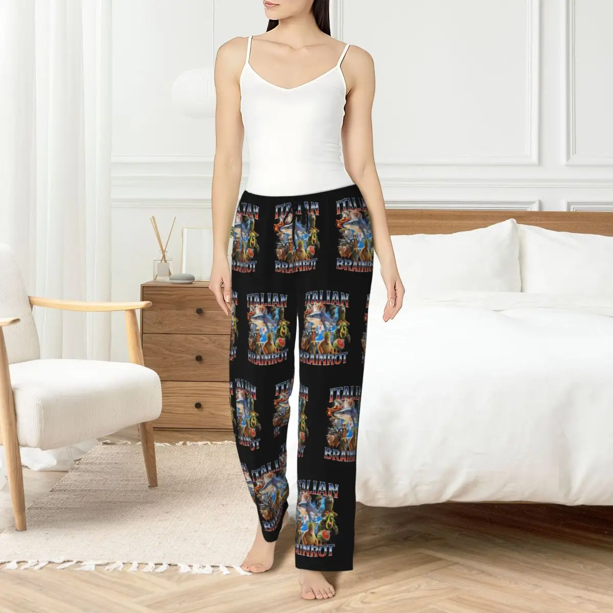 

Custom Womens Italian Brainrot Pajama Pants Print Animals Cartoon Sleep Sleepwear Bottoms with Pockets