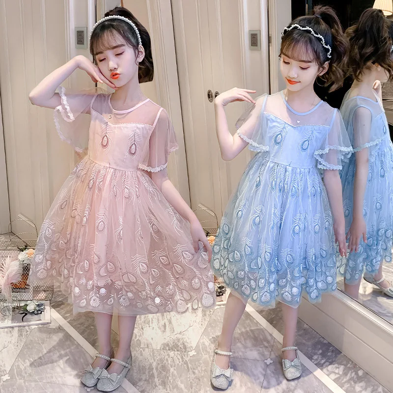 

2023 Summer New Girls' Dress Summer Medium and Big Children Princess Lace Dress Western Style Delonix Regia Tartan Skirt