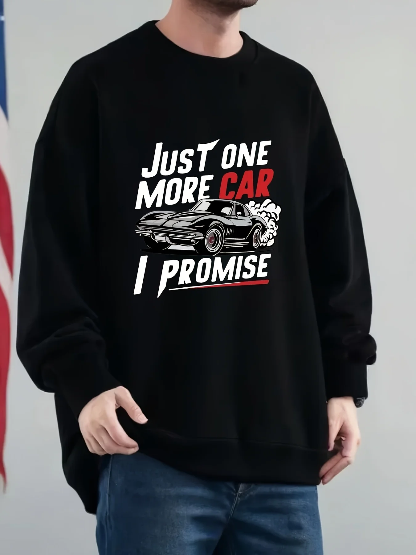 

JUST ONE MORE CAR I PROMISE plus-size men's round-neck off-the-shoulder sweatshirt with car print