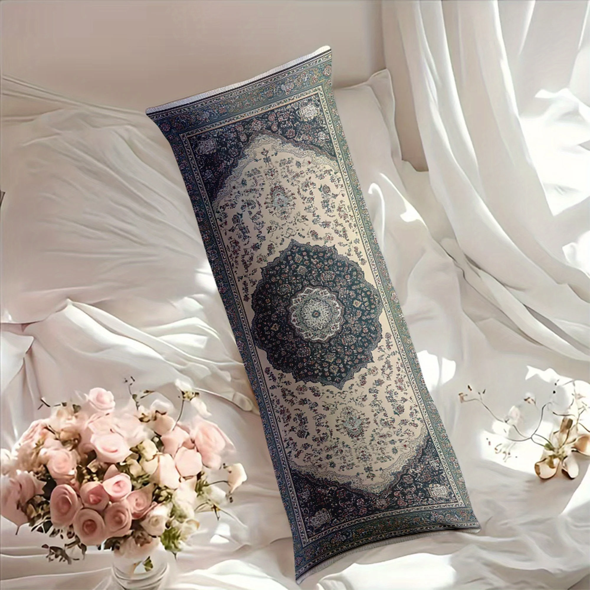 1 Long Pillowcase with Intricate Floral Carpet Pattern Design, Size 20*54 Inches/50*137cm, Suitable for Patio, Sofa, Living Room