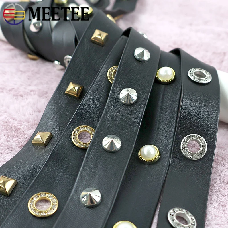 5/10M 10-20mm Black Faux Leather Weebing Band Trim with Metal Rivets Eyelets Studs for Handbag Clothes DIY Sewing Accessories