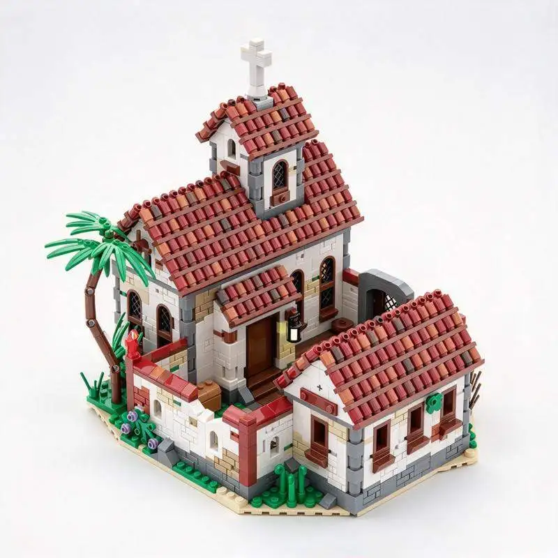 2050PCS Tropical Island Church Building Blocks Harbor Town Street View Architecture Model Custom Puzzle DIY Assembly Gift Set