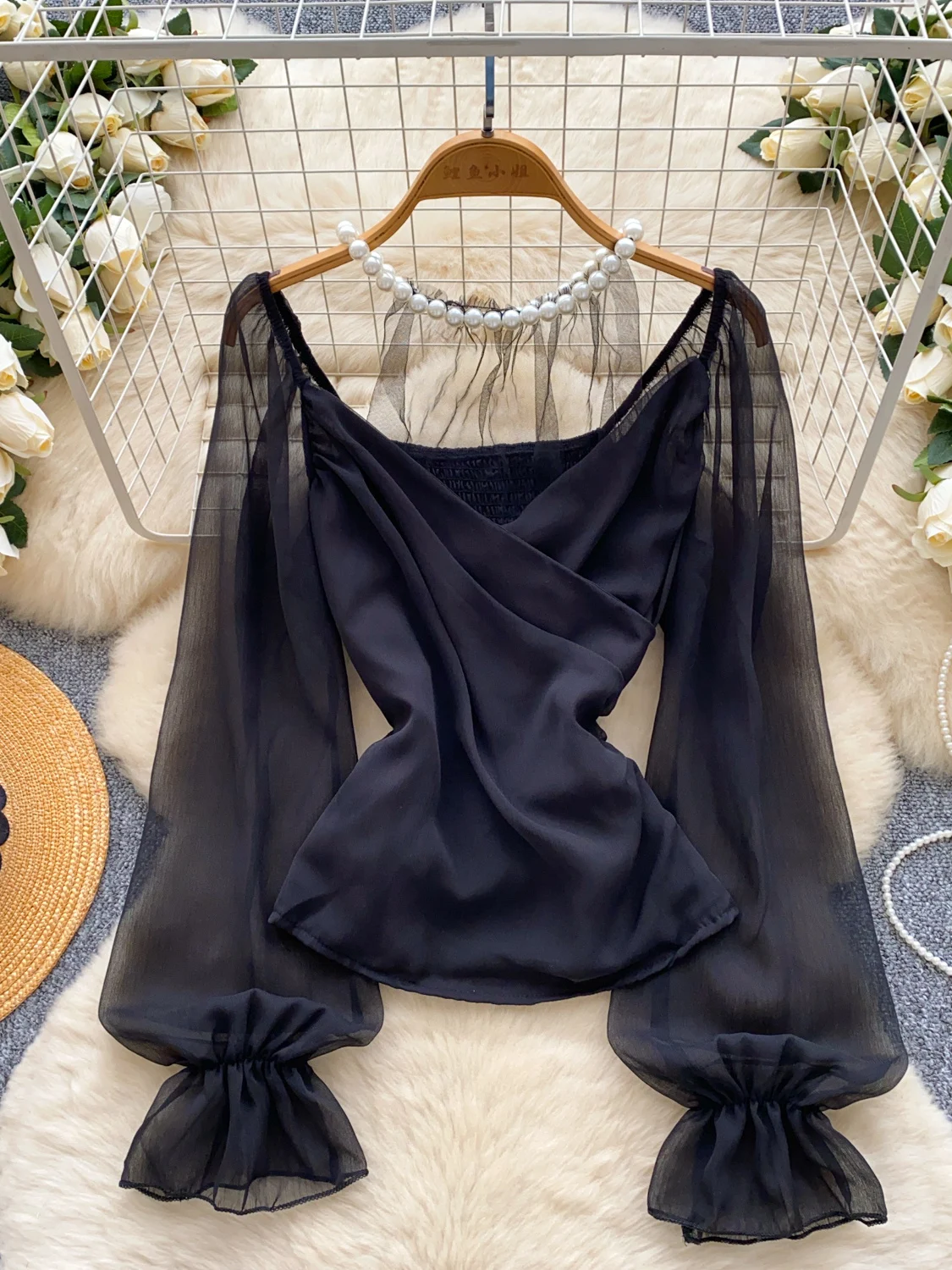 Women's Beaded Neck Hang Mesh Patchwork Shirts V-neck Slimfit All Match Chiffon Blouse Summer Loose Commuting Long Sleeves