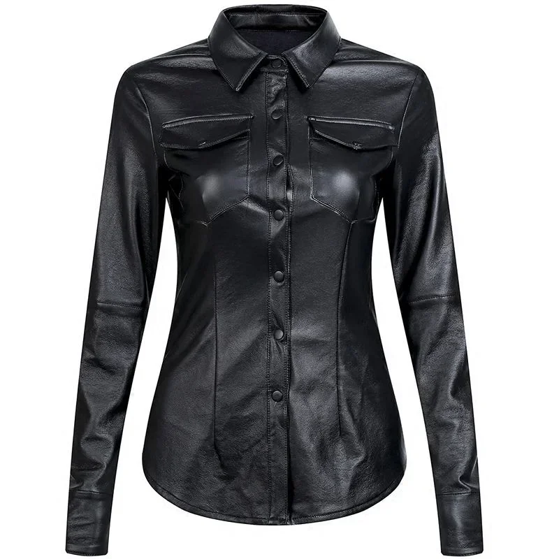 

S-3XL Women Faux Leather Shirt Long Sleeve Ladies Plus Velvet Blouses Women Streetwear Motorcycle Leather Shirts Black Tops C367
