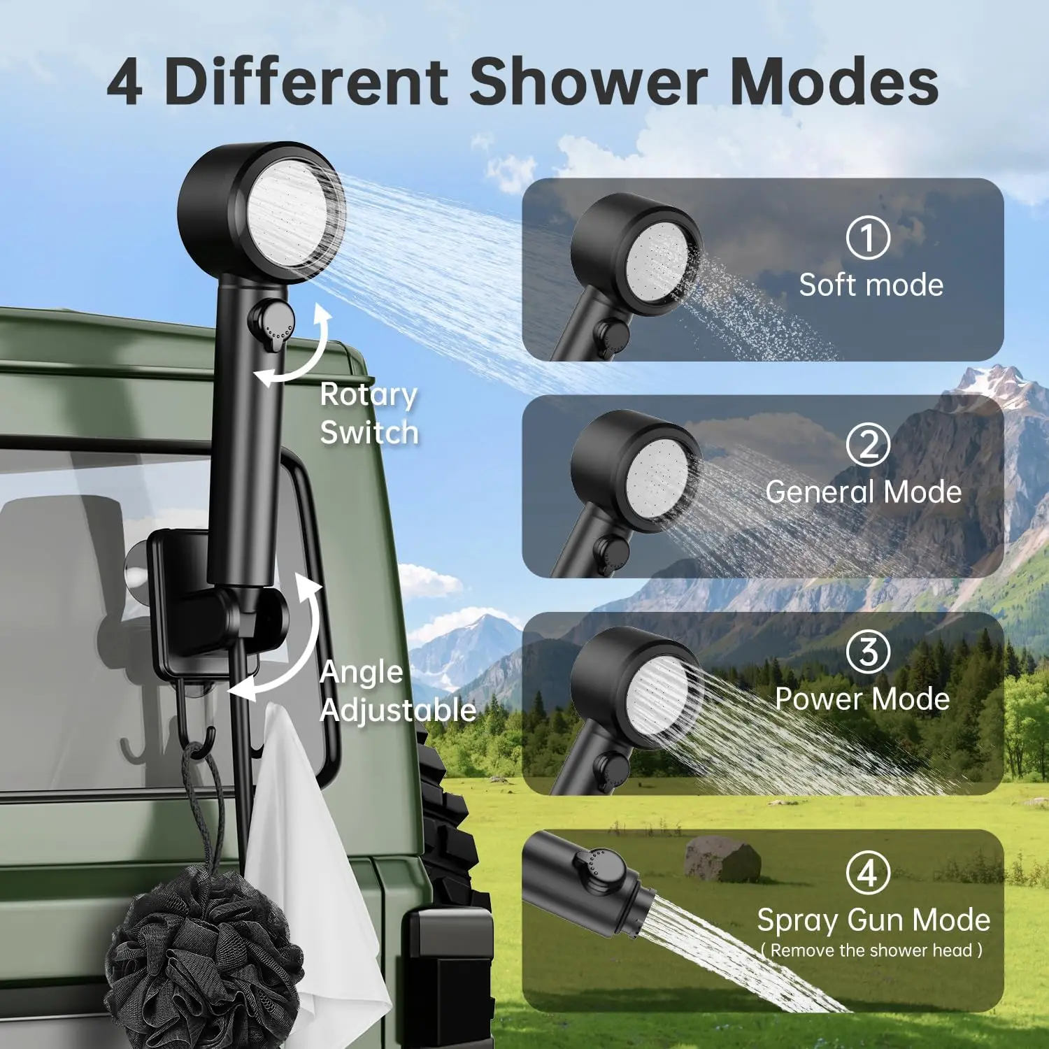 Portable Shower 8000mAh Rechargeable Camping Shower Pump with Bath Sponge 4 Spray Modes for Outdoor Camping Travel Car Washing