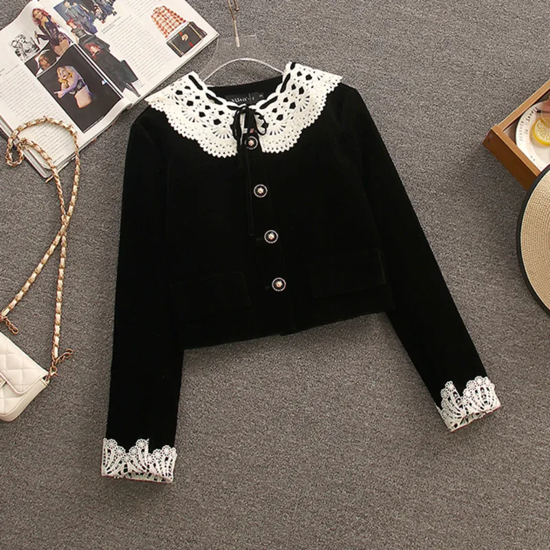 Fall Winter French Retro Fragrance Lace Patchwork Velvet Two Pieces Sets For Women Peter Pan Collar Cardigans+plaid Skirts Sets