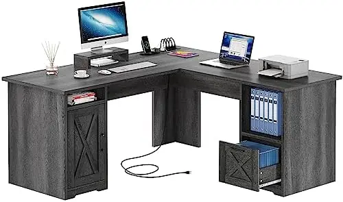 L Shaped Desk with Power Outlets | Computer Corner Desk, File Drawer, Monitor Stand & Storage Shelves, File Cabinet