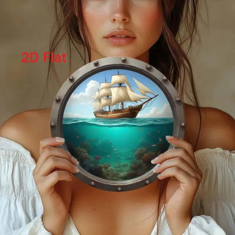 2D Vintage Metal Sign Nautical Sailboat Underwater Scene Wall Art Antique Porthole  Heavy Iron Round Wall Decor