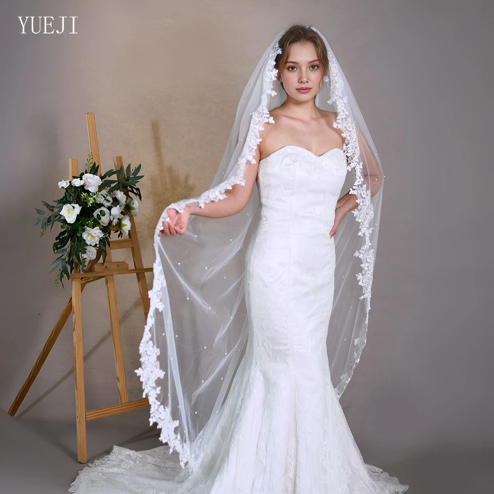 

YUEJI Pearls Bridal Veil With Lace Single Layer Fingertip Length White Ivory Wedding Accessory Headdresses For Girlfriend YJ82