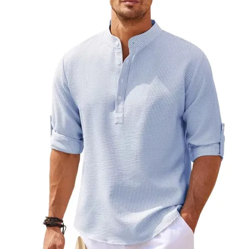Imagen 2 del producto Camisas de lino y algodón de manga larga para hombre, camisas de Color sólido con cuello levantado, estilo informal de playa, talla grande S-5XL, gran oferta, primavera y otoño