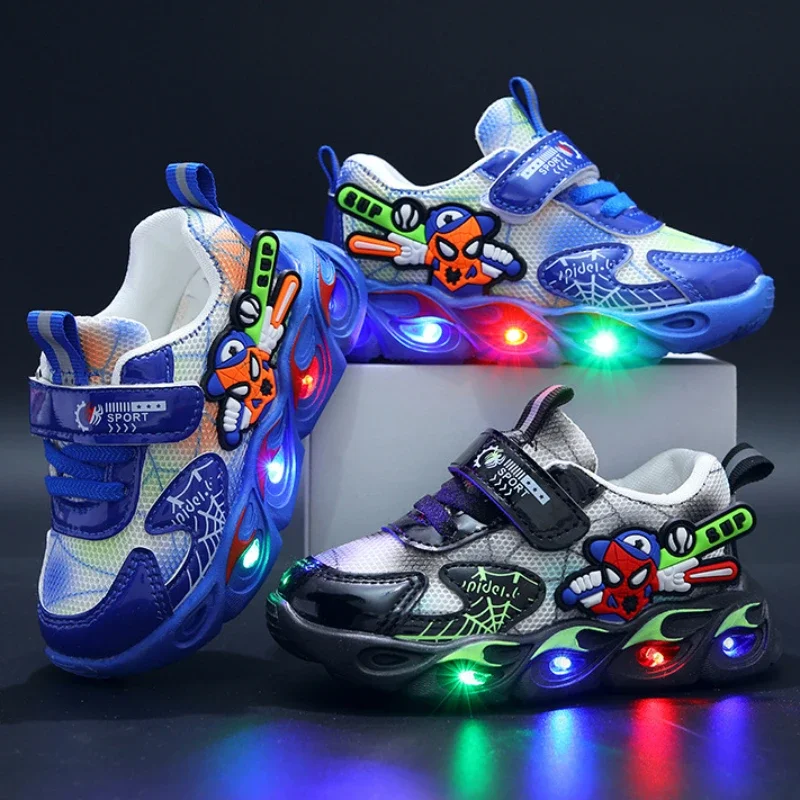 Disney Led Shining Casual Shoes Cartoon Mesh Breathable Spiderman Boys Sports Shoes Boys' Trend Sneakers Size 21-30