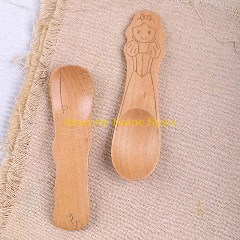 F26C Cartoon Wooden Spoon Natural Mini Ice Cream Desserts Soup Teaspoon for Creative Children Dinnerware for Kindergarten