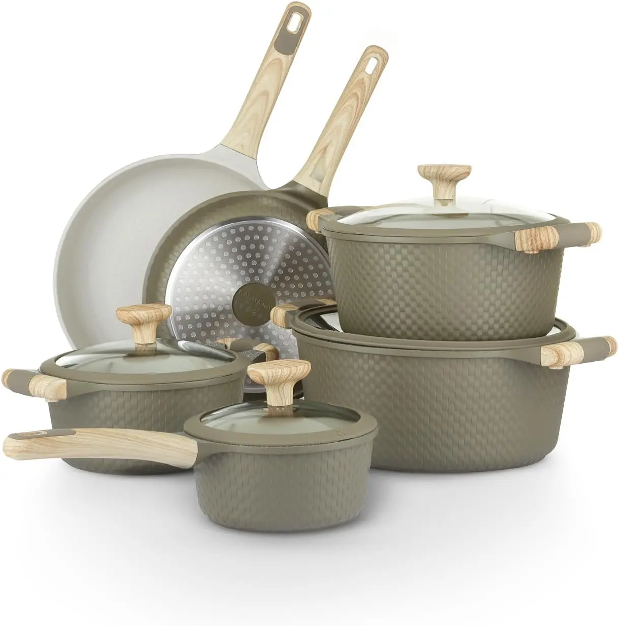 

Набор посуды из 10 предметов, кастрюли и сковороды из литого алюминия, сковороды и кастрюли с антипригарным покрытием, безопасные для индукции, без PFOA (зеленый и C)