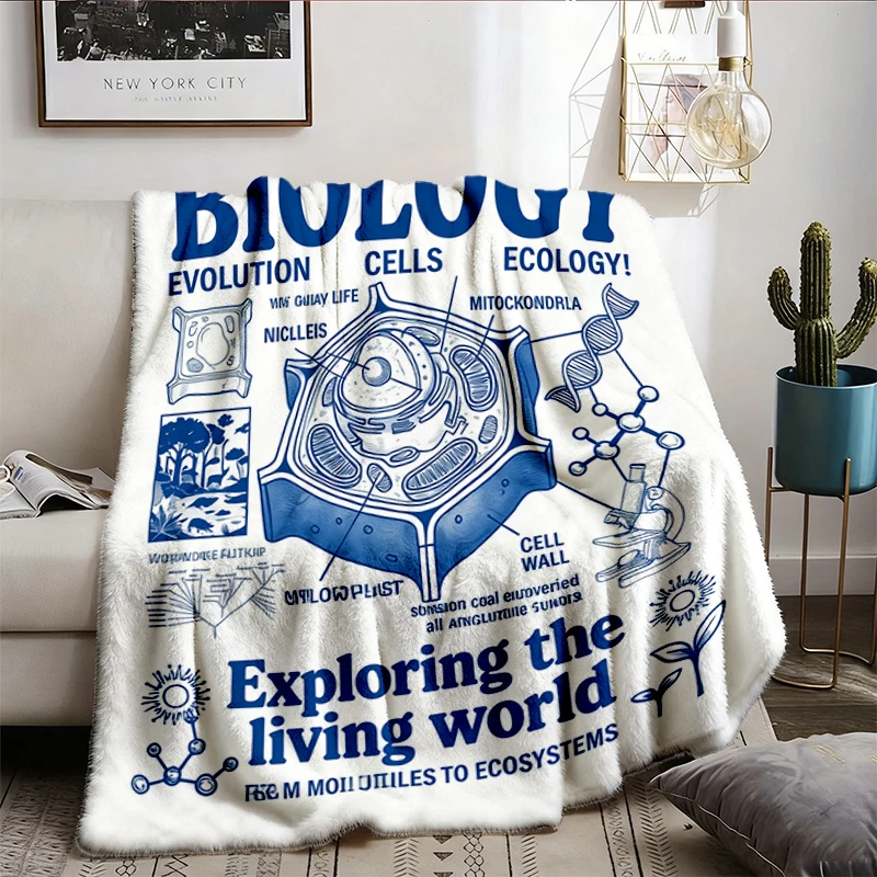 Biology Vintage Science Flannel Blanket, Retro Cell Diagram Graphic Flannel Throw, 90s Ecology Evolution Cozy Blanket