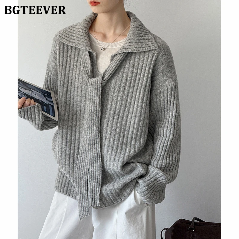 

BGTEEVER Autumn Winter Chic Lapel Female Lace-up Pullovers Sweaters Stylish Loose Long Sleeve Warm Knitted Jumpers for Women