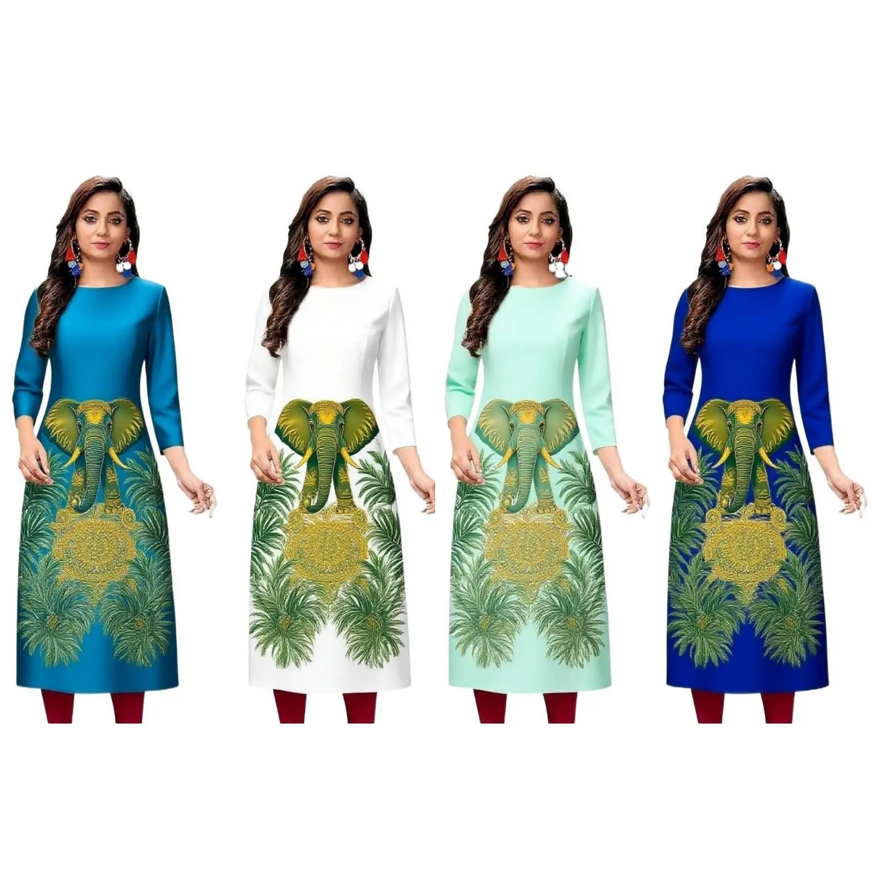 Sukienka damska 2026, modna i elegancka, z długim rękawem, o prostym kroju, codzienna, z okrągłym dekoltem, wzór w kolorze słoniowej kości.