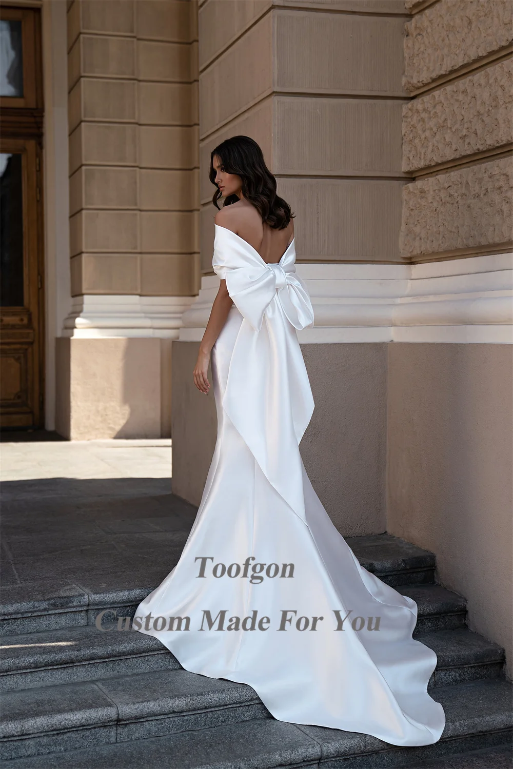 Toofgon Mermaid Satin Formal Wedding Dresses Off The Shoulder Big Bow Women Princess Bridal Gowns Fishtail Bride Party Dress