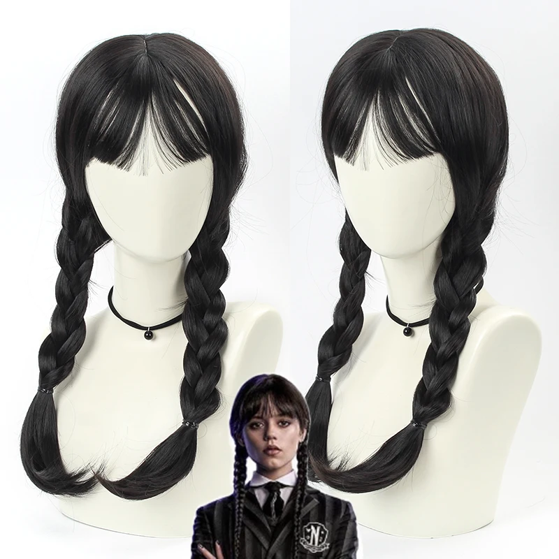 Perruque de Cosplay de mercredi Addams pour Femme, Cheveux Longs, Synthétique Tressé Résistant aux Hautes Températures, Accessoire d'Halloween, Vente en Gros