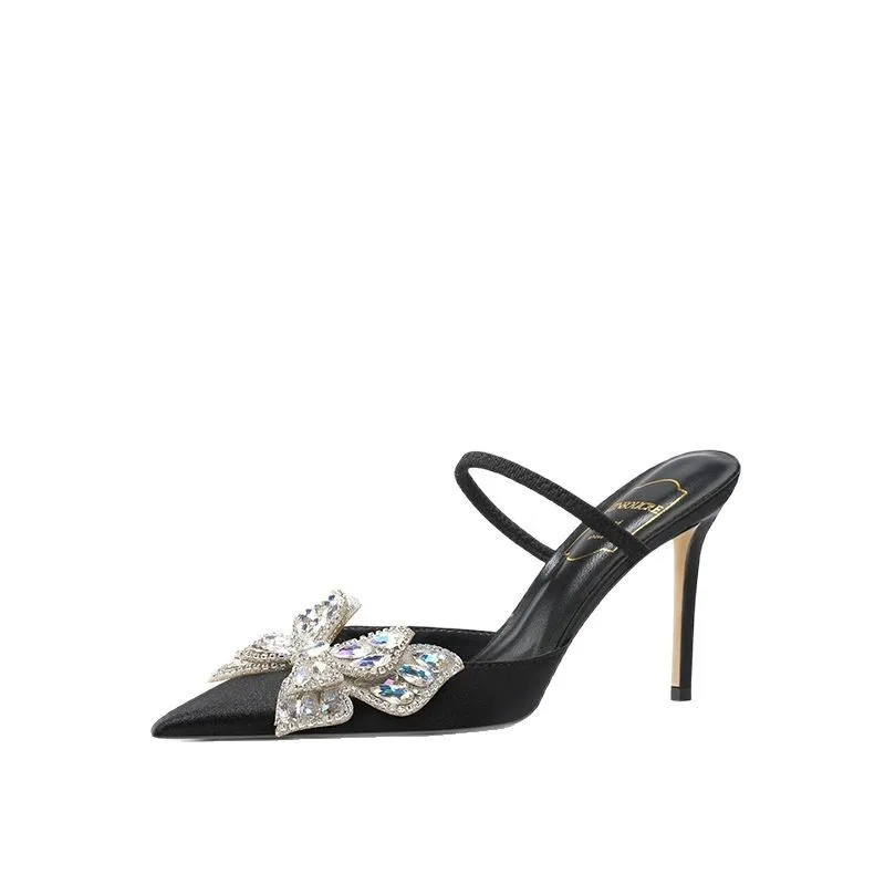 

2025 красивые сандалии с острым носком и стразами на высоком каблуке, два ношения в виде бабочки, сандалии с одной буквой, женская обувь из овчины с половиной перетяжки