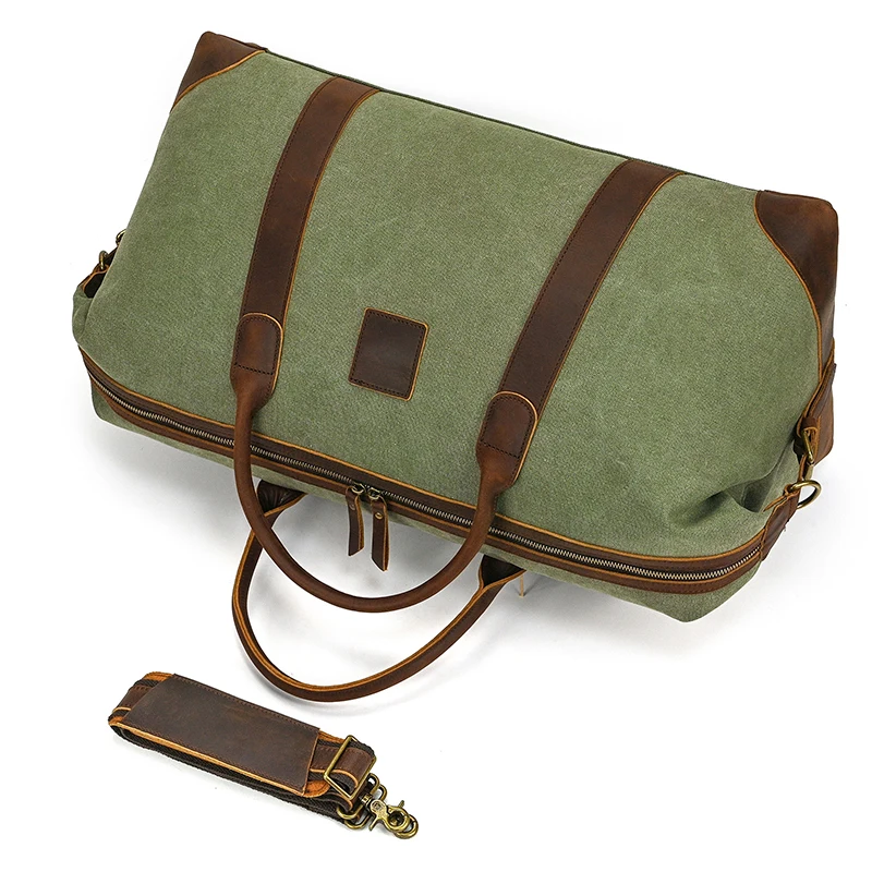 Large Leather Canvas Travel Bag Vintage Cool Crumpled Travel Handbags Waterproof Crossbody Duffle Bag For Men Army Green