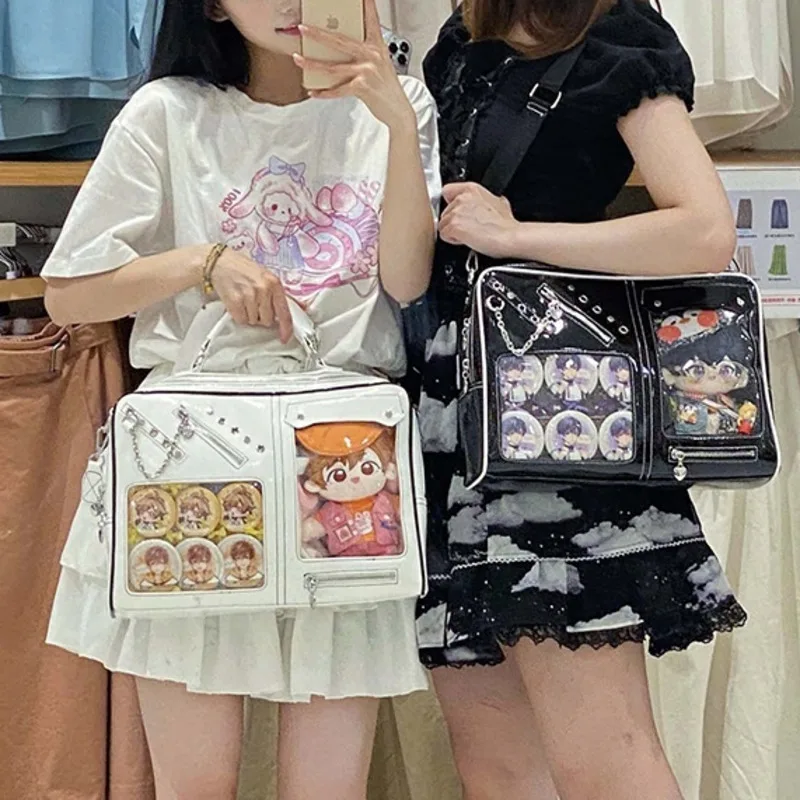 برشام سلسلة Y2k Ita حقيبة يد الفتيات جيب مزدوج Preppy نمط حقيبة كتف شارة عرض Harajuku ظهره لطيف دمية الألم حقيبة #3