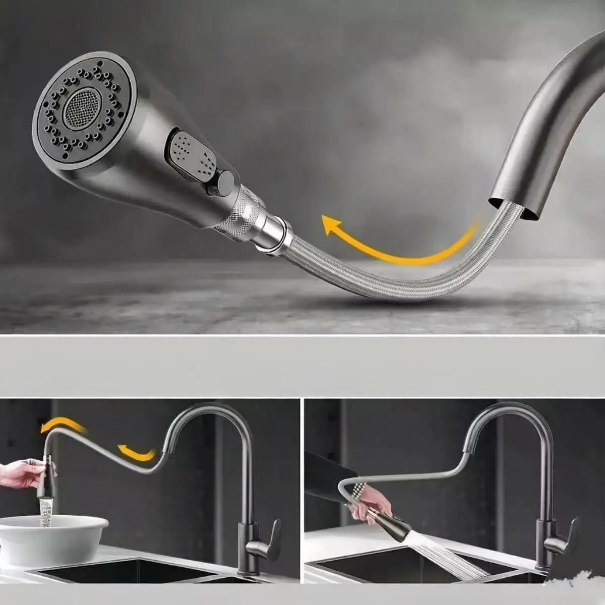 Stainless steel kitchen faucet single hole pull out spout kitchen sink mixer faucet flow spray head 360 swivel cleaning faucet