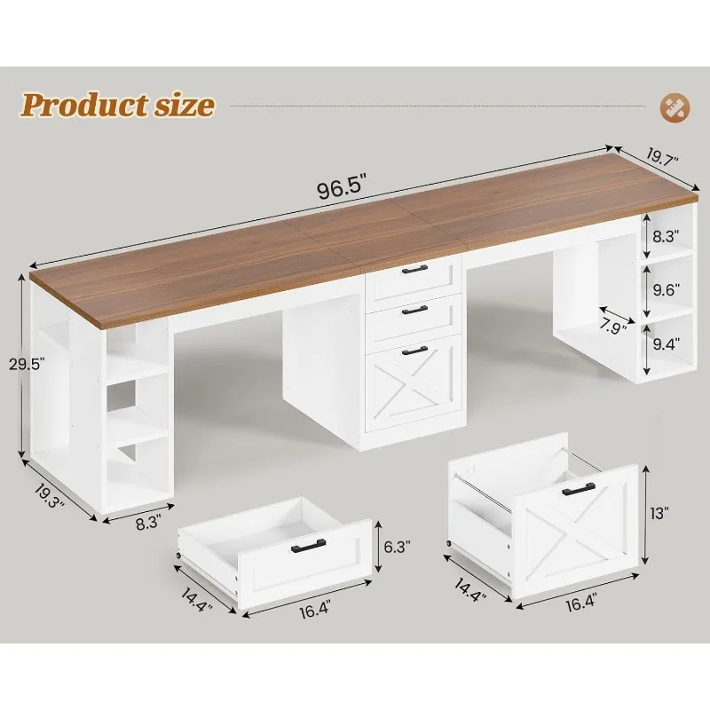 مكتب كمبيوتر Farmhouse مقاس 96.5 بوصة مع أدراج، مكتب منزلي لشخصين، مكتب ألعاب مزدوج مع أرفف تخزين، طويلان