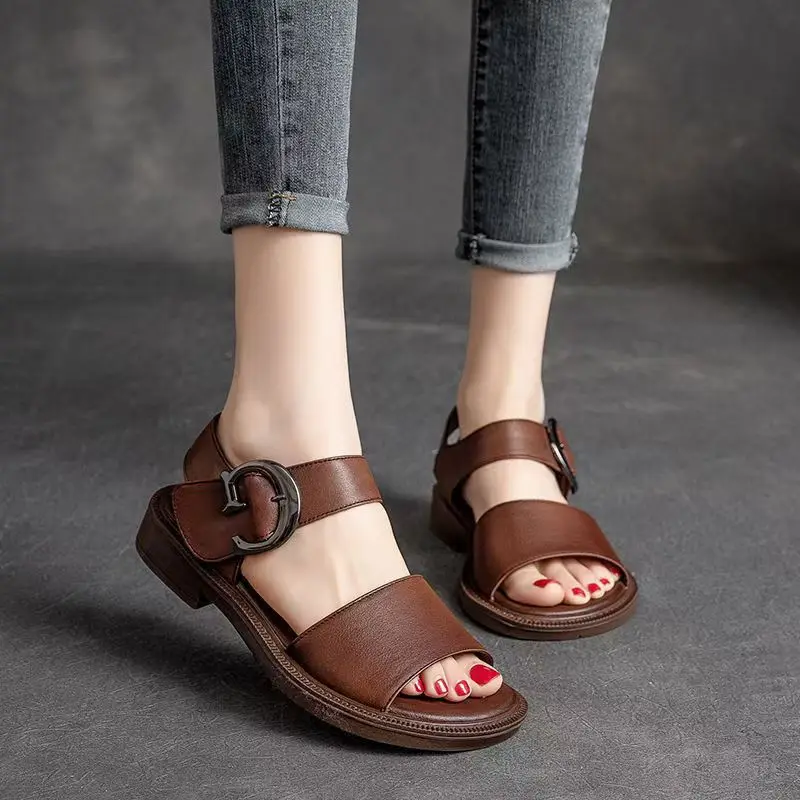 2024 New Women\'s Summer Leather Open Toe Low Heel Sandals Soft Sole Non Slip Hook Casual Sandals Comfortable Elderly Sandals