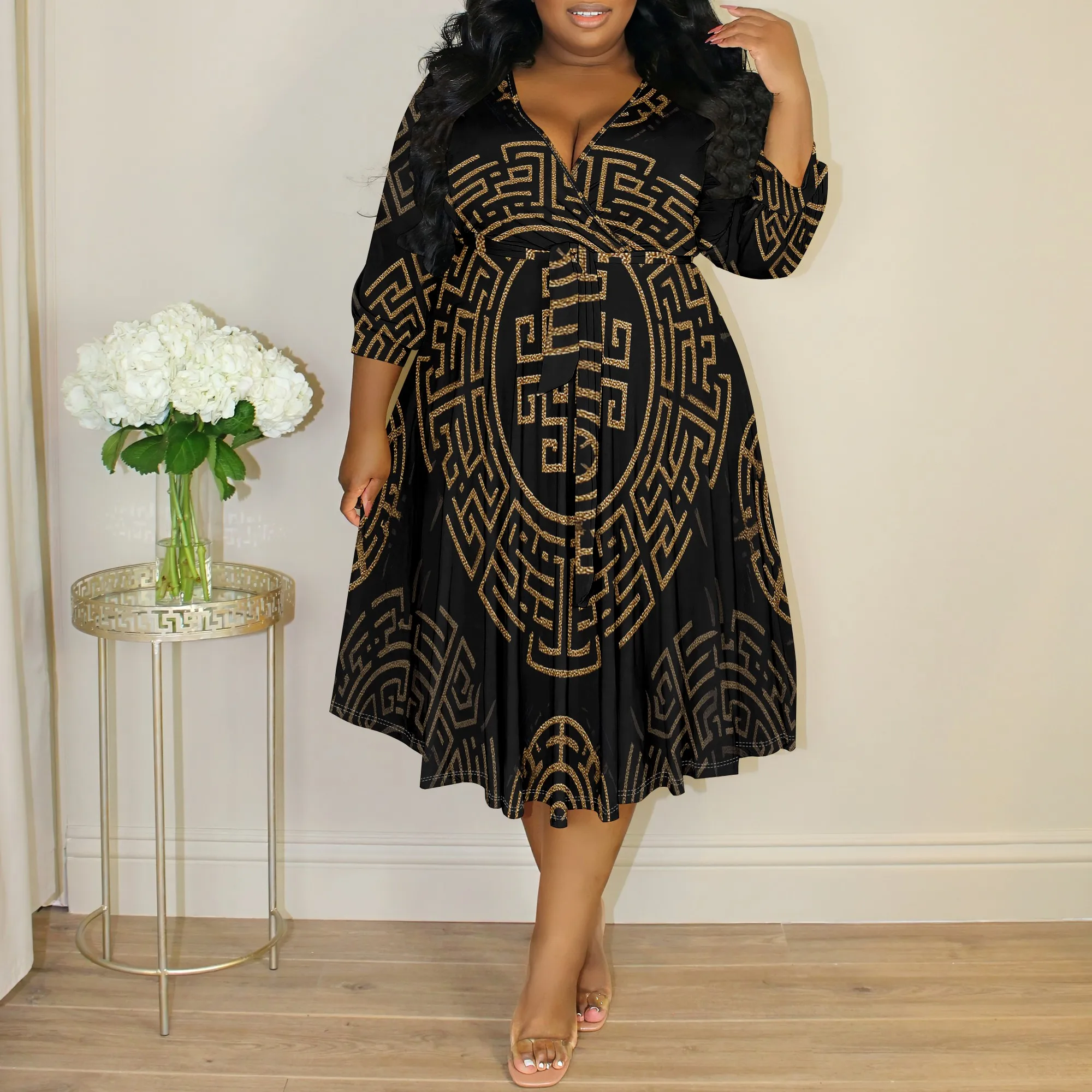 

Plus Size African Print Midi Dress - Elegant Gold Geometric V-Neck Wrap Dress for Cocktail Party & Holiday Season XL-6XL