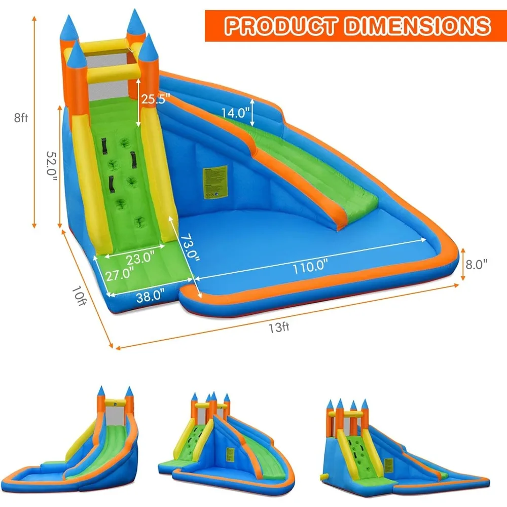 Giant Bouncy Waterslide Park for Kids Backyard Outdoor Fun w/ 480w Blower, Climbing, Splash Pool, 2-pcs, Blow up Water Slides