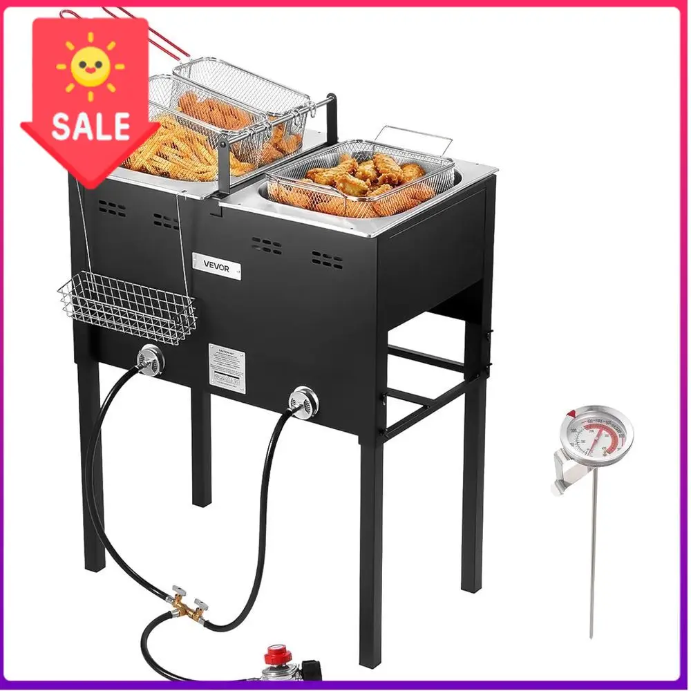 

BestsellerCommercial Dual-Tank Propane Fryer, Stainless Steel 16Qt x2, 3 Baskets, Thermometer, Ideal for Catering and Outdoor Ev