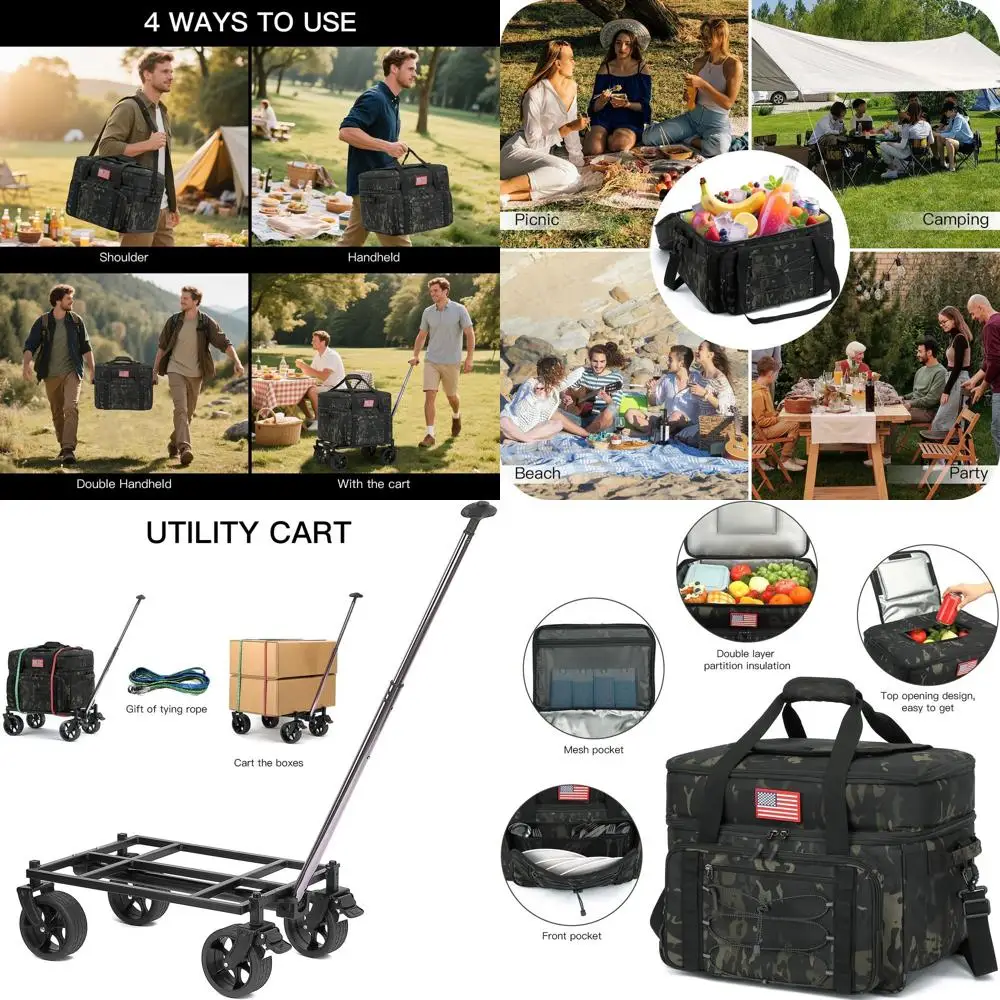 

Heavy-Duty Double Deck Rolling Insulated Cooler Bag for 85 Cans, All-Terrain Wheels, Leakproof, Ideal for Beach, Camping, Picnic