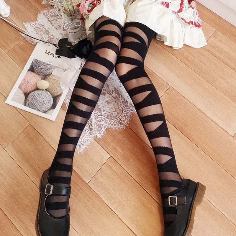 Cross Tied Stockings, Tie Shaped Cross Slimming Pantyhose, Lolita Black Silk Slimming Sweet Socks Black Strap Stockings