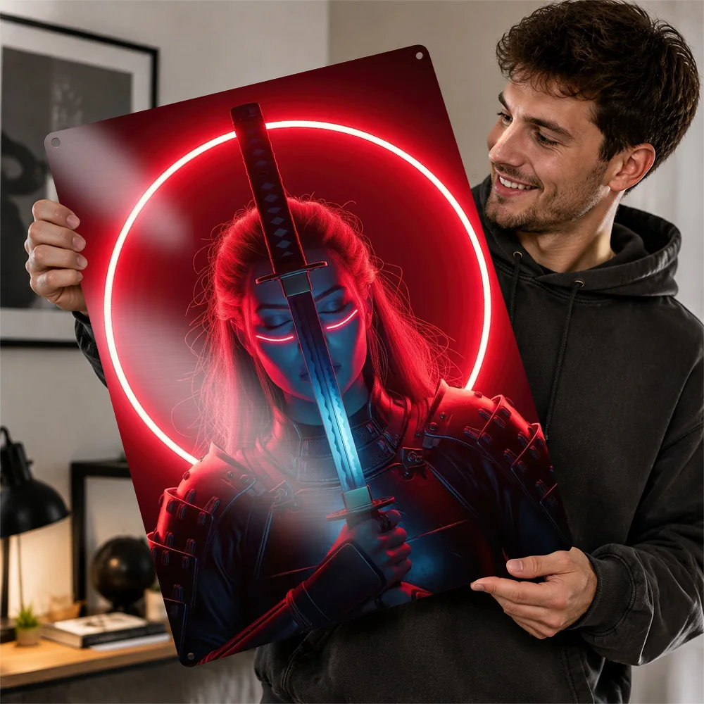 Samurai With Glowing Red Halo Textured Metal Poster Cyberpunk Wall Art For Bedroom Personalized Aluminum Sign Fantasy Fan Gift