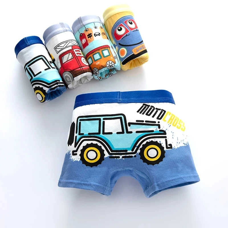 4pcs Children's Underwear Boy Cute Panties Cartoon Print Underpants Kids Train Boxers Toddler Car Print Comfortable Shorts