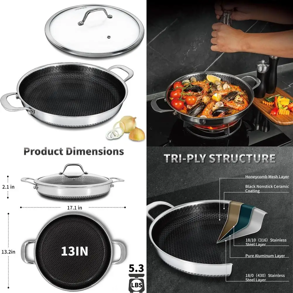 

Nonstick 13 Inch Stainless Steel Skillet with Lid, Multi-Functional Paella Pan, Dishwasher and Oven Safe, Two Handles for Easy U