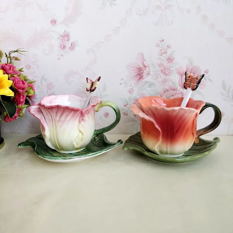 النمط الأوروبي السيراميك توليب بعد الظهر الشاي فنجان القهوة الفن زهرة شكل الخزف فنجان الشاي مكتب القدح زوجين القدح أواني المطبخ #1