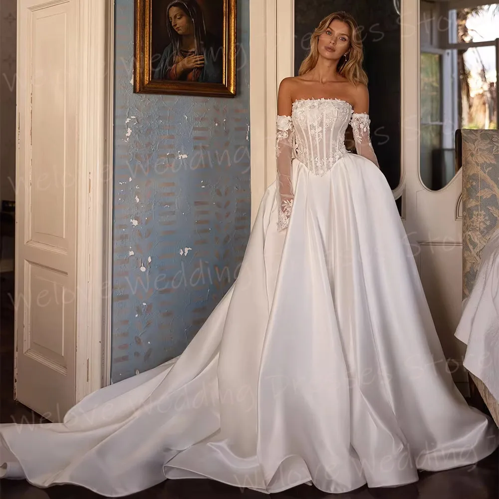 Simples uma linha vestidos de casamento feminino rendas apliques sem costas robe de mariée personalizado vestidos de noiva manga longa novia