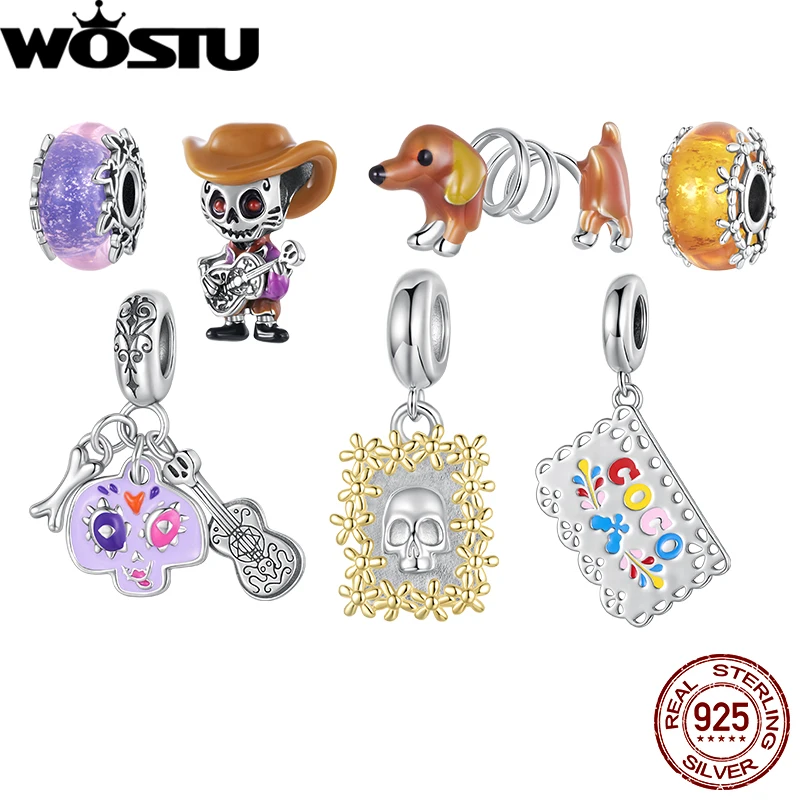 WOSTU 925 스털링 실버 해골 기타리스트 참 해골 사진 액자 펜던트 여성용 팔찌 DIY 고급 주얼리 선물