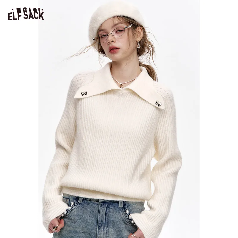 

ELFSACK 2024 Winter New Arrivals White Polo Neck Sweater Women Bow Metal Decoration