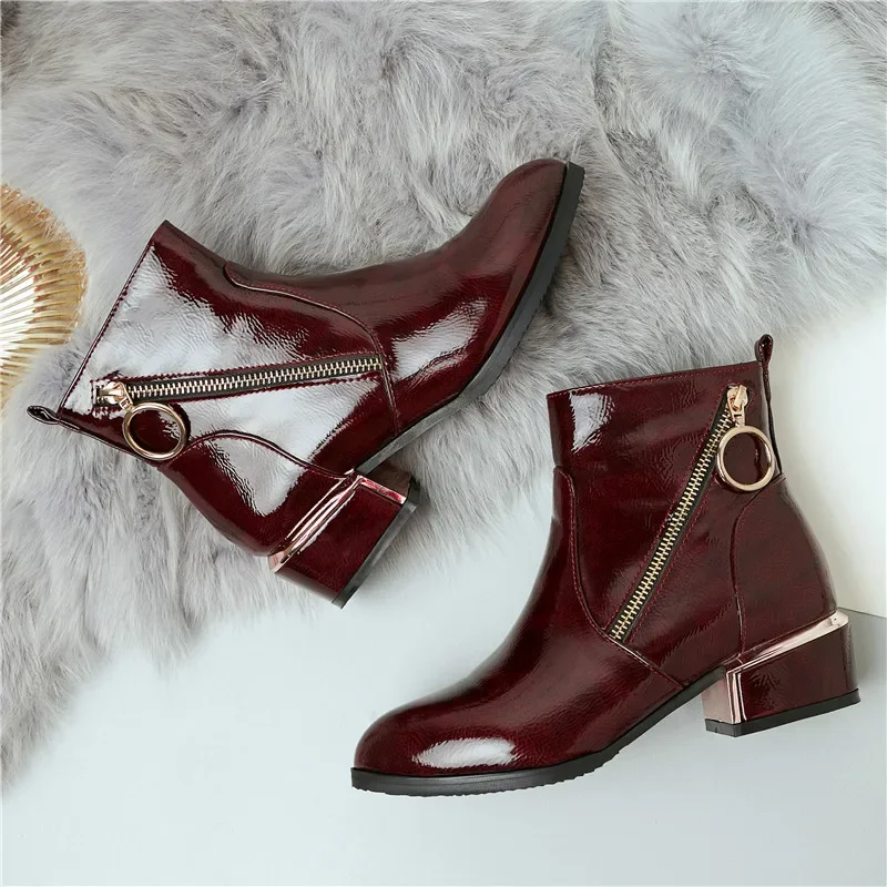 Fashion Pu Patent Leather Ankle Booties 2024 Woman Blue Black Wine Red Zipper Medium Chunky Heels Ladies Shoes Plus Size