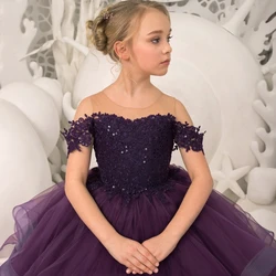 Vestidos de niña de flores personalizados, tul hinchado de encaje púrpura con vestido de princesa de cola grande, vestidos de banquete para fiesta de cumpleaños