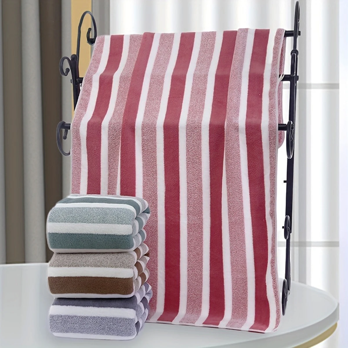 Bath towel set Absorbent dry hair wide strip coral velvet printed towel