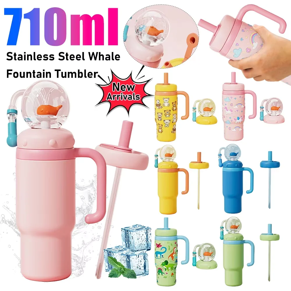 

710ML Cute Whale Spout Water Bottle Stainless Steel Whale Fountain Cup With Handle Two Lids Anti-spill Tumbler Drinking Cup