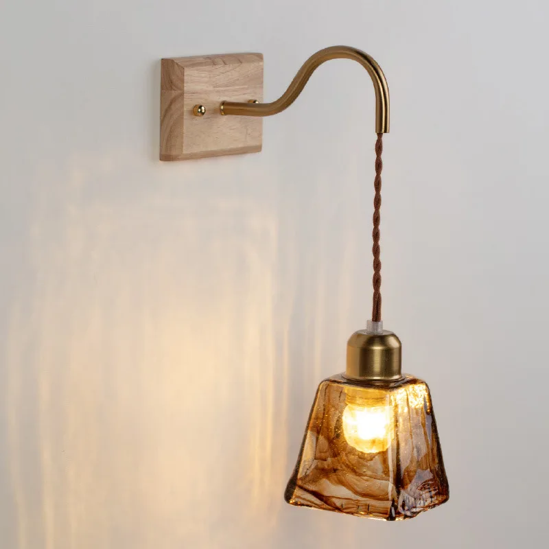 Nordic Glass Wall Light Simple Bedroom Room Bedside Solid Wood Wall Light Creative Corridor Entrance Decoration Light