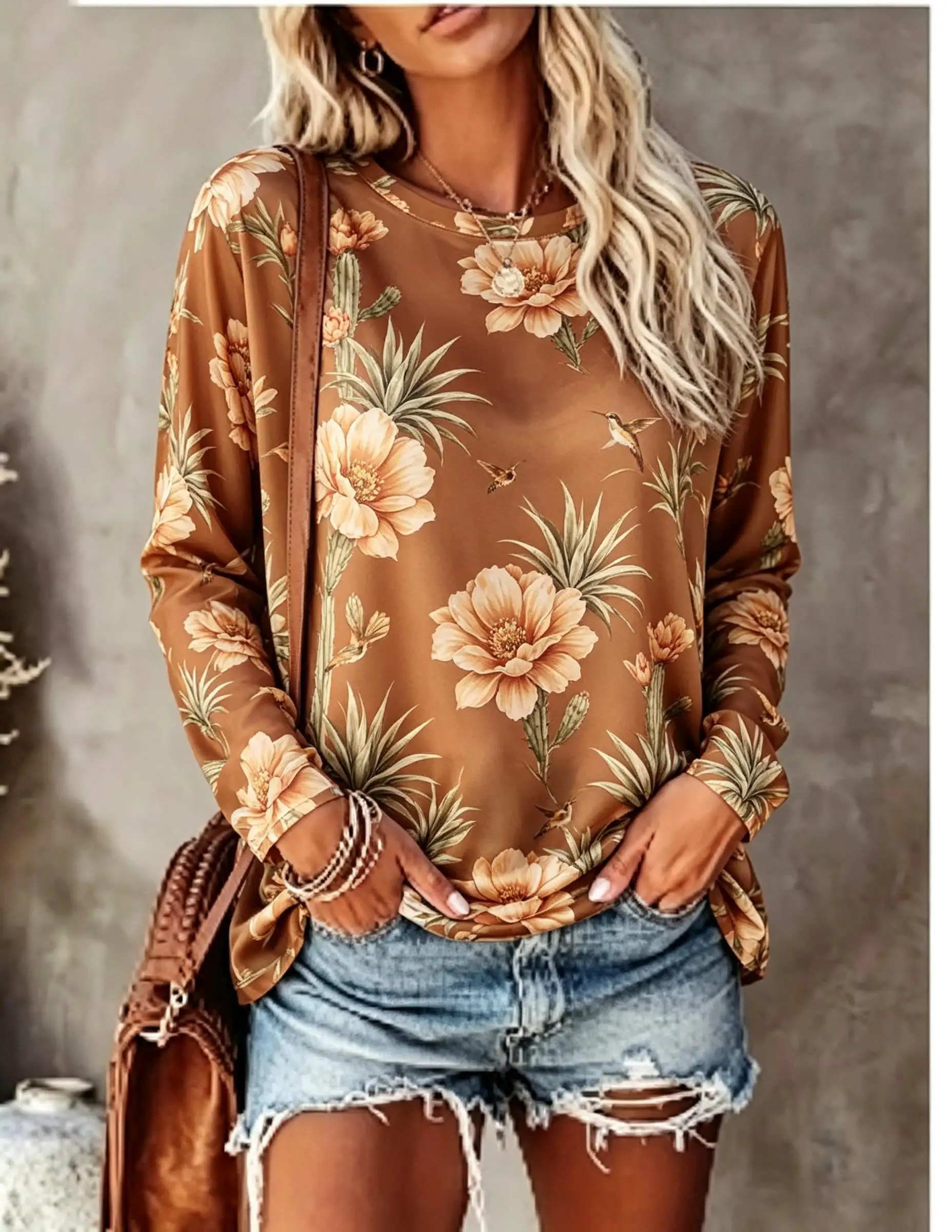 Women Long Sleeve T Shirt Western Desert Cactus Floral Hummingbird Print Crew Neck Fall Tops