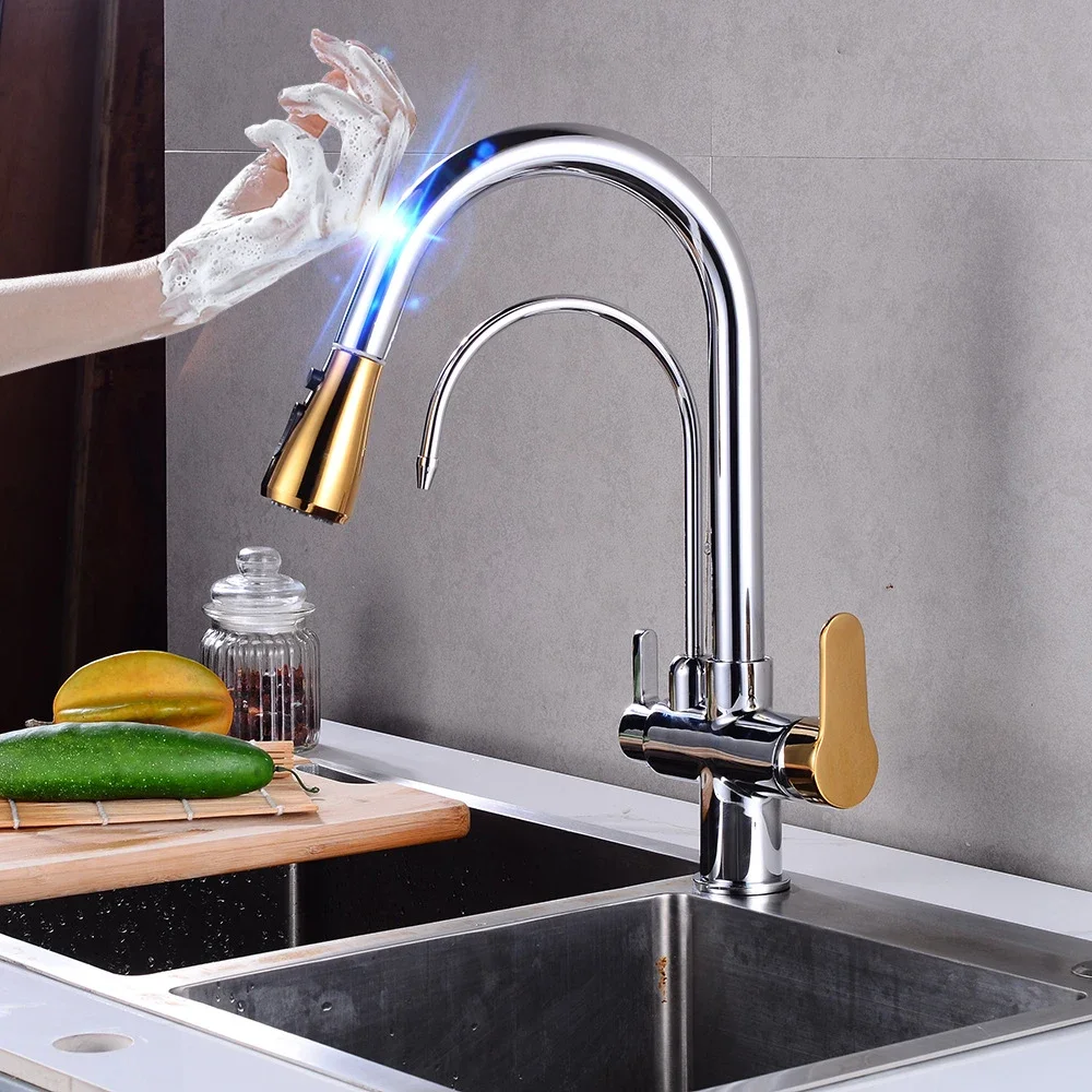 Touch Filter Kitchen Faucet Quality Brass Pull Out Kitchen Mixer Faucet Black Gold Smart Touch Pull Out Filter Kitchen Mixer Tap