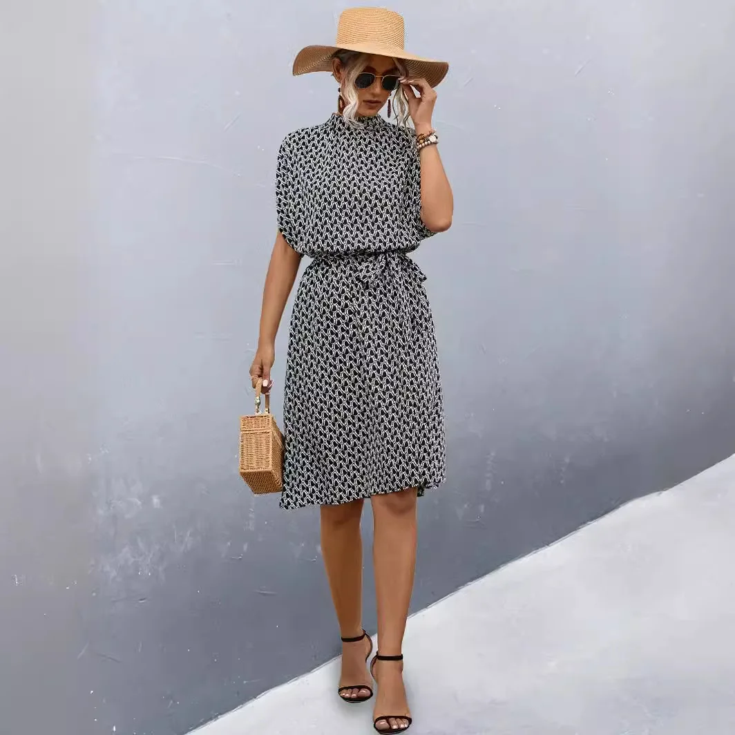 

Новое женское платье с принтом, летние элегантные модные офисные пляжные вечерние платья с круглым вырезом и короткими рукавами на шнуровке