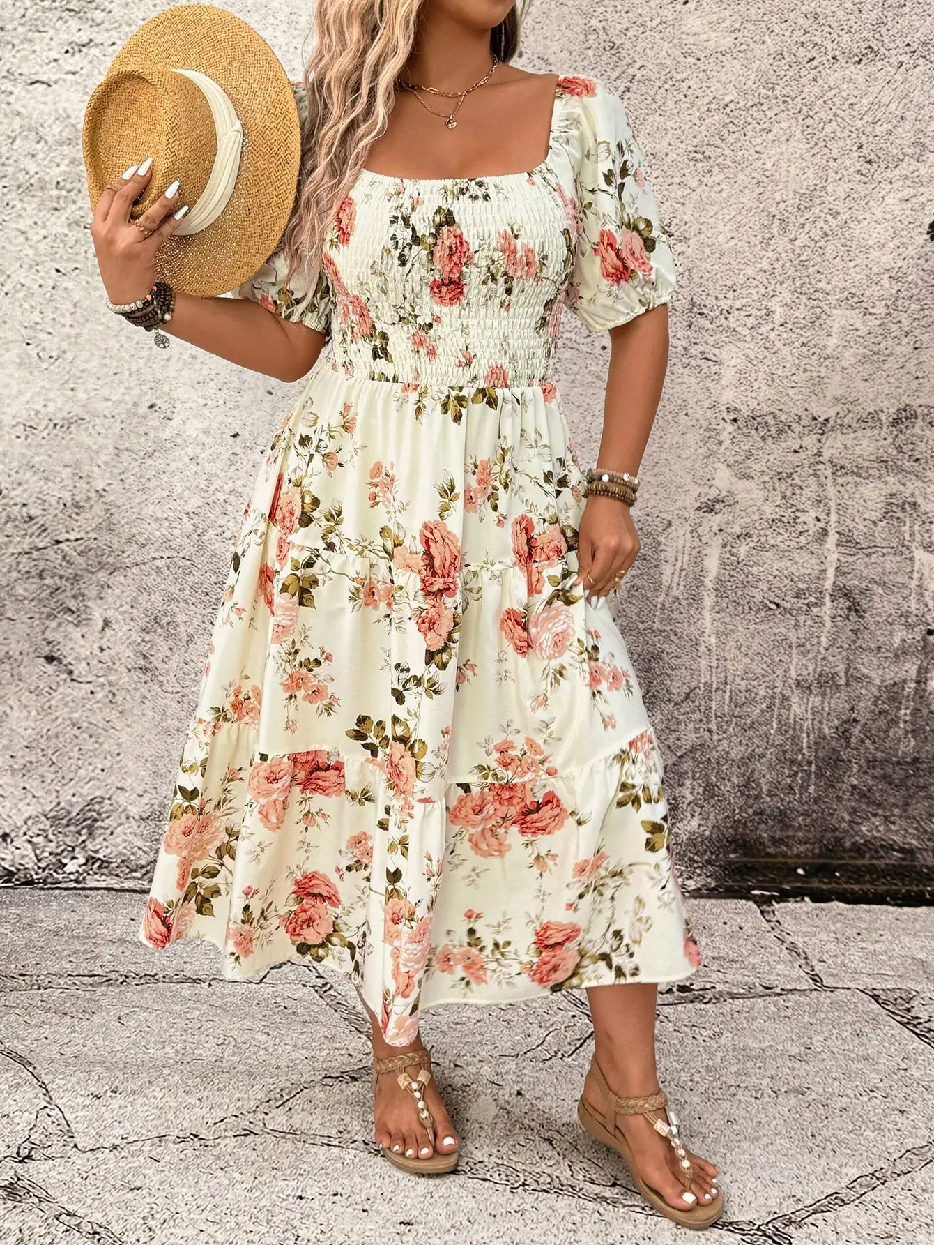 

Женское платье миди с квадратным вырезом и цветочным принтом, многослойное